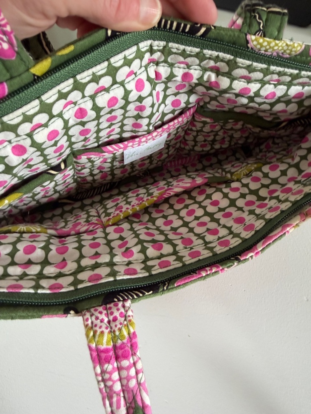 Vera Bradley Green Quilted Tote with Pink Floral Pattern - Picture 3 of 5